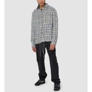 New mnml Raw Edge Textured Flannel Oversize Button Shirt in blue Men's S 3982